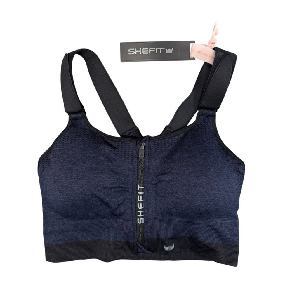 NEW SHEFIT Low Impact Sports Bra Front Zip Closure Heathered Indigo Blue 1Luxe a